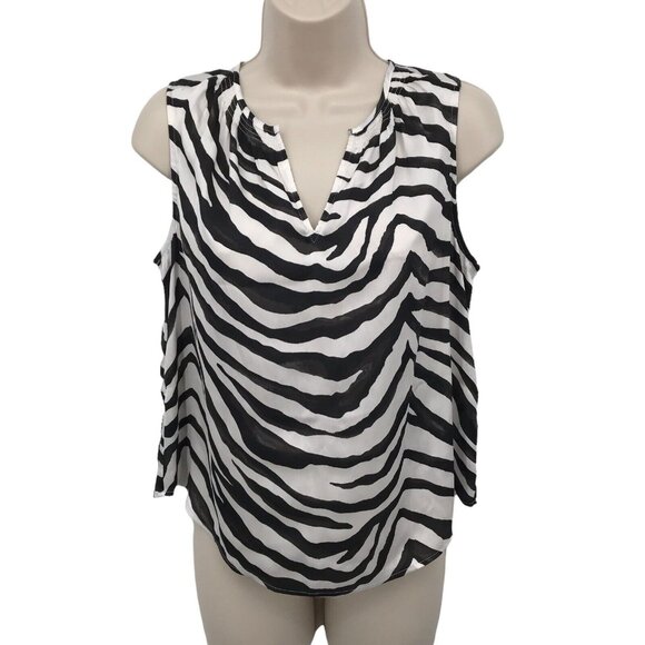 NWT Banana Republic Womens Black Sleeveless Split Neck Zebra Print Blouse SP - Picture 1 of 9